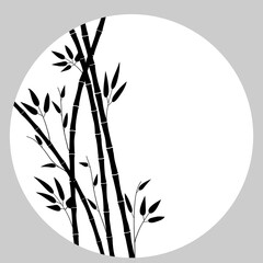 Background with bamboo trees. Round frame, natural composition inside. Minimalist postcard. Silhouette of black plants on a white background. Macro drawing of stems, leaves, sticks of bamboo. Vector