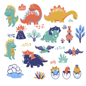 A set of dinosaurs and prehistoric plants. Vector hand drawn illustrations
