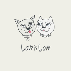 Print with funny cat, lettering love is love and hearts. Valentine s day concept. Perfect for kids. Made of vector illustrations in cartoon, sketch style