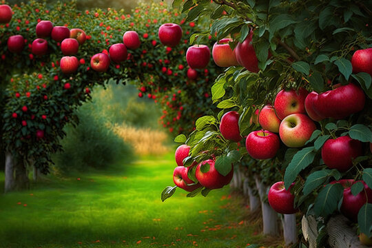Garden apple trees with juicy, red apples that are ready for picking. Generative AI