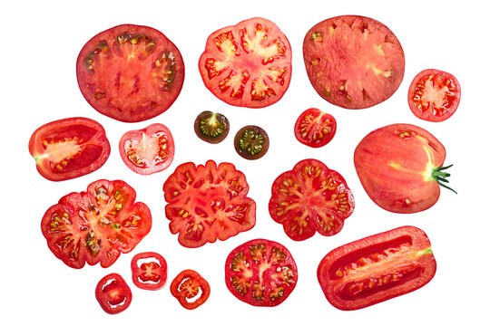 Tomatoes Top View, Sliced Or Halved, Different Varieties Isolated Png