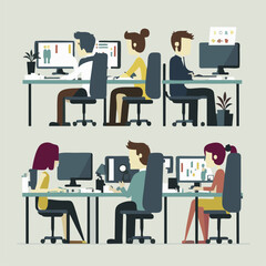 A simple vector image of a business of people working would depict a group of people engaged in various tasks and activities related to their work