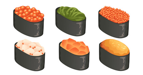 Sushi food with salmon and scallop traditional japanese food vector illustration isolated on white background