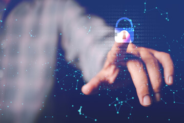 man finger scan to access financial data security system on virtual screen , futuristic digital processing of biometric identification fingerprint scanner for access personal financial data