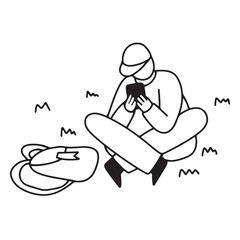Hand drawn line doodle person sitting on the grass with a smartphone, isolated vector illustration