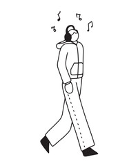 Hand drawn line style doodle male wearing headphones, listening yo music while walking. Isolated vector illustration