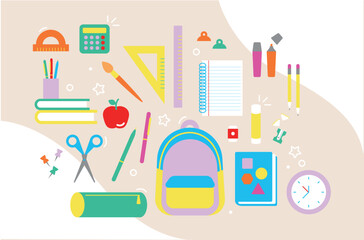 Back to School - vuelta a clases materiales para estudiar en el colegio lapiz mochila bolso cuaderno plumon manzana libros calculadora tijeras