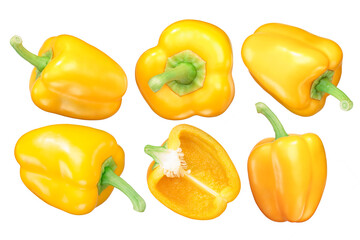 Golden California Wonder sweet bell peppers (Capsicum annuum), whole and halved pods isolated png