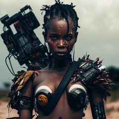 African War Cyborg Robot Girl in a distant future - Science fiction - AI ART - Afro - obrazy, fototapety, plakaty