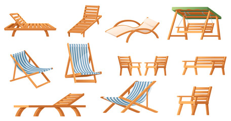Set of wooden chaise lounge summer beach furniture vector illustration isolated on white background