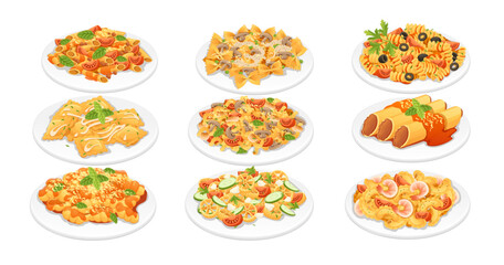 Set of Ready for eat dish italian pasta vector illustration on white background