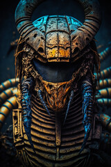 Futuristic Alien warrior in bones mask and shield