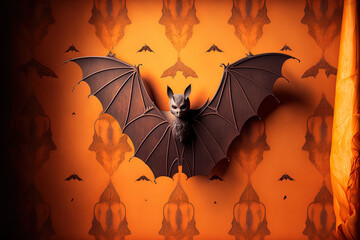 Halloween themed orange backdrop with a bat design. Generative AI