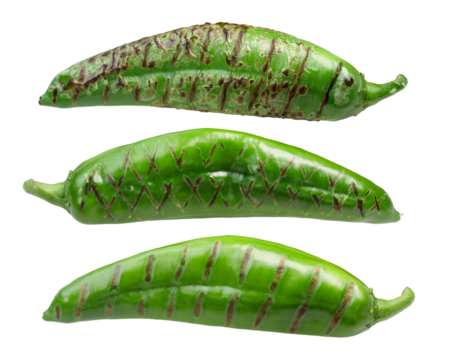 Roasted Hatch Green chile peppers (Numex New Mexico pod type) isolated png