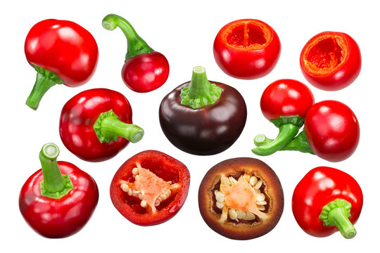 Cherry peppers (Capsicum annuum var. cerasiforme), different varieties, whole and halved pods isolated png