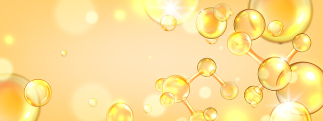 Gold collagen background, 3D peptide molecule wallpaper, oil lab jojoba cosmetic science banner. Yellow liquid bubble, vector skin care vitamin medical poster. Gold collagen beauty chemistry backdrop