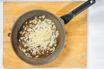 Raw ingredients. Ready to be cooked. Recipe for chiken stew, European cuisine, cooked with a garnish of mushrooms, small onions and ohter.