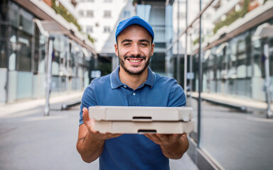 Always on time. Pizza delivery man. Food and transportation concept