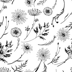 Seamless pattern with decorative wild flowers and herbs. Black and white hand drawn vector illustration.