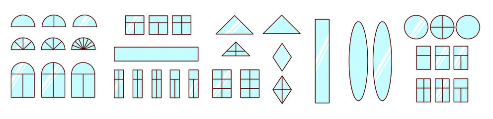 Set of windows and mirrors on a transparent background, png, architecture, design, illustration, cartoon, house, wall, case, construction, frame, interior, exterior, flat, apartment, room, graphic