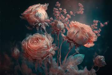 Naklejka na ściany i meble Vintage fantasy classic valentine's day pale red Rose flower on background blurry pink roses flower in the garden of roses. Nature snow.generative ai.