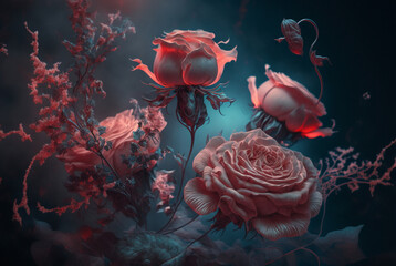 Vintage fantasy classic valentine's day pale red Rose flower on background blurry pink roses flower in the garden of roses. Nature snow.generative ai.