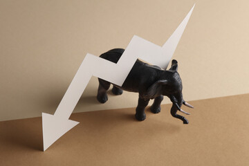 Toy elephant with a falling arrow on a brown background