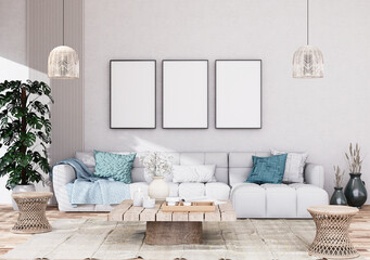 Mock up poster frame in modern interior fully furnished rooms