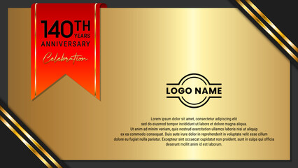 140th Anniversary Celebration. Golden Anniversary template design with red ribbon for birthday celebration event. Vector Template Illustration
