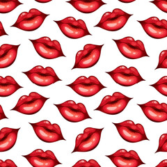 Pattern with cartoon kisses, red lips on white background