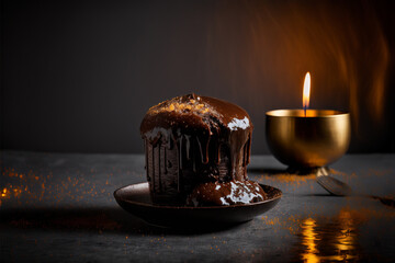 Dark chocolate mirror glaze with moody background and flickering candle for Valentine's Day