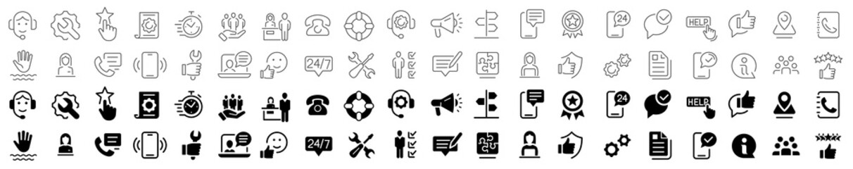 Customer Service and Support icon set. Support service. Helpdesk, Quick Response, Feedback. Technical support, help, call center, hotline, live chat and assistance. Vector illustration
