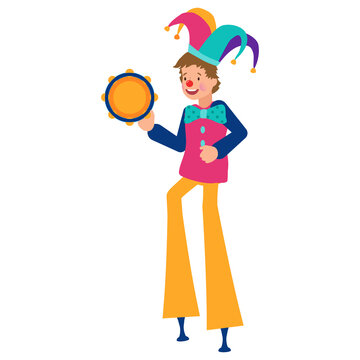 Funny Circus Clown On Stilts With A Tambourine