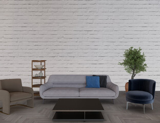 Modern living room interior, white brick wall, 3d render