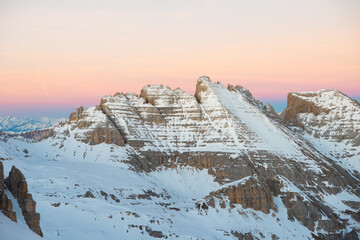 sunrise in the snow dolomites