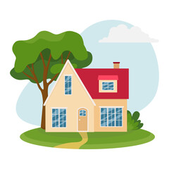A house with a red roof on a green lawn with a yellow path.Rustic cottage in the suburbs, tree and bushes. Vector illustration in flat style.