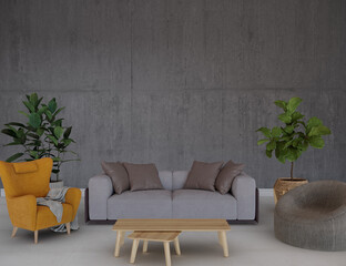 Brutalist living room with orange armchair and sofa