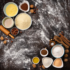 Ingredients for Gluten Free Cookies or Bread on Brown Wooden Background.