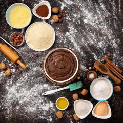 Gluten Free Homemade Dough for Cookies or Bread on Brown Wooden Background.
