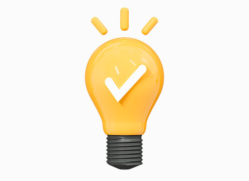 3D Lightbulb with check mark. Quick tips. Creativity idea and solution business. Glowing lamp with tick. .Brainstorm concept. Cartoon creative design icon isolated on white background. 3D Rendering