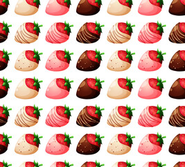 Pattern with cartoon strawberries in dark, white and pink chocolate on white background