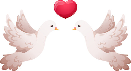 White wedding pigeons with heart cartoon isolated