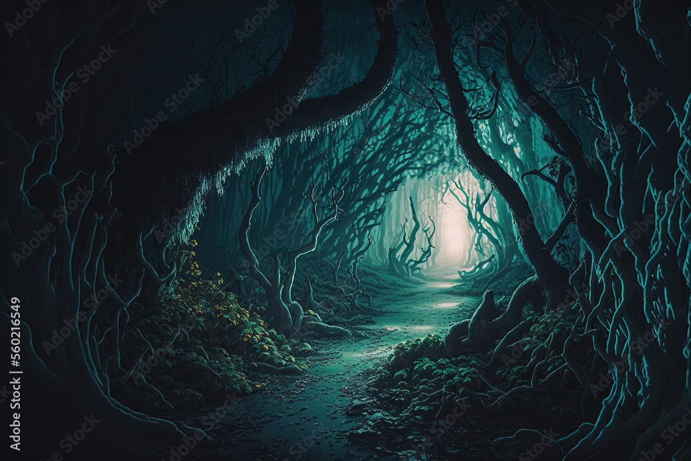 Canvas Prints fantasy dark forest with spooky trees. light in the end of the path. generative ai