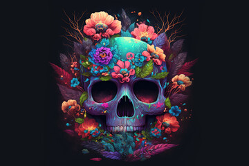 Fantasy skull with flowers. Mexican sugar skull. Scary human head on dark background. Generative AI
