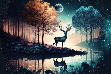 Fantasy landscape with forest and lake. Beautiful deer near the lake. Moon in the sky. Generative AI