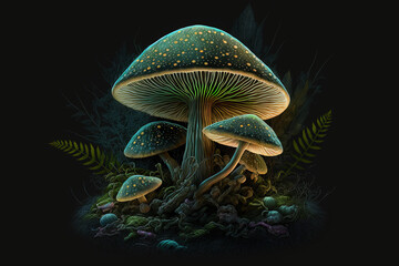 Fantasy mushrooms on dark background. Fantasy colorful illustration. Generative AI - obrazy, fototapety, plakaty