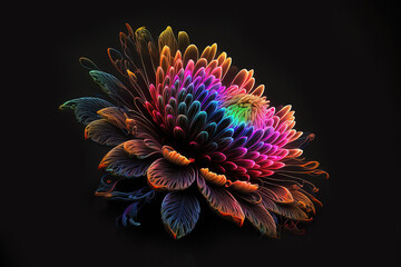 Fantasy flower closeup on black background. Rainbow colors. Generative AI