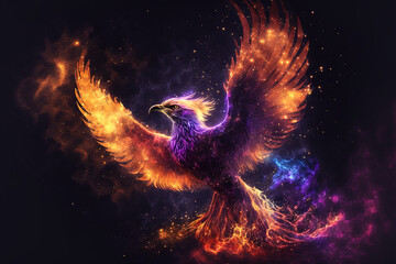 Illustration of a celestial phoenix in fire. Symbol of rebirth. Fenix with burning wings and feathers. Generative AI - obrazy, fototapety, plakaty