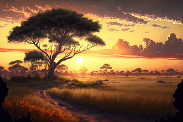 At sunset, a savannah with trees and lush grass. Generative AI