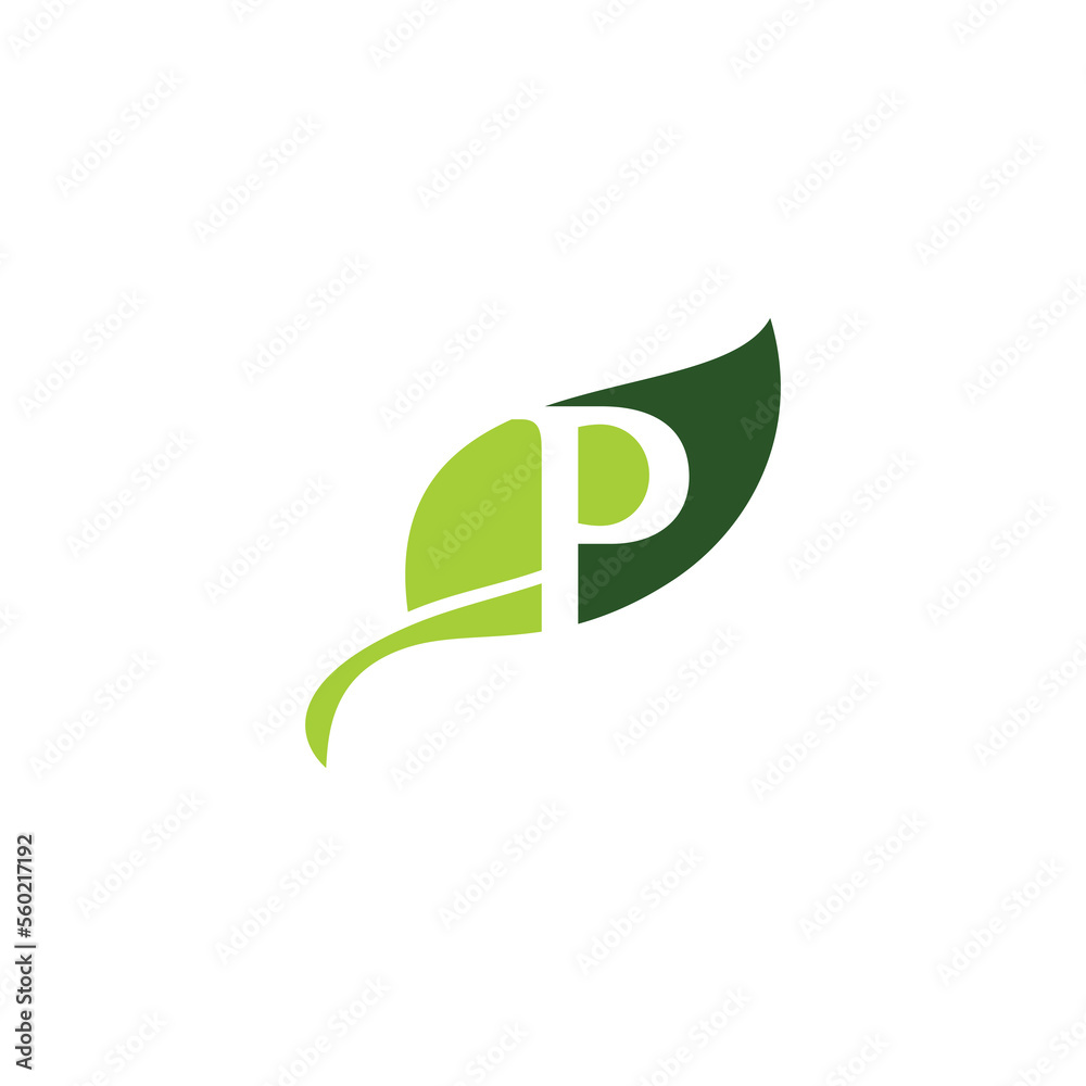 Sticker Green Leaf with Negative Space Letter P Logo Design 020